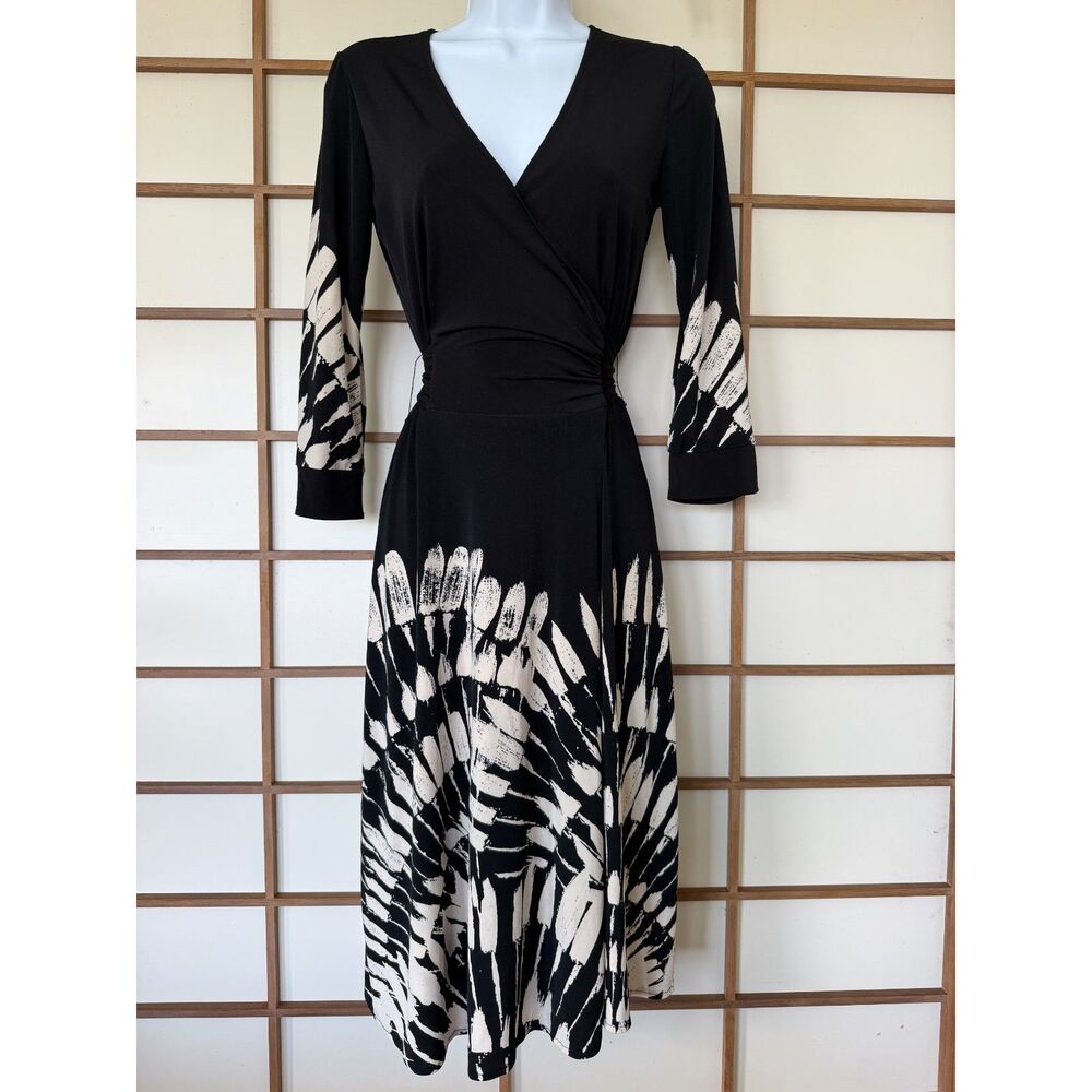 Donna Morgan Dress Size 6 Black Cream Abstract Print Faux Wrap Belted 3/4 Sleeve